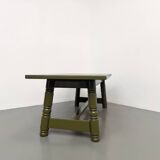 Glossy olive green lacquered dining table — DLG Georges Robert, Circa 1970