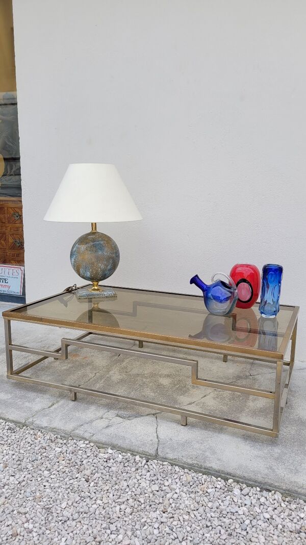 Table basse rectangulaire en laiton et métal chromé 1970 design