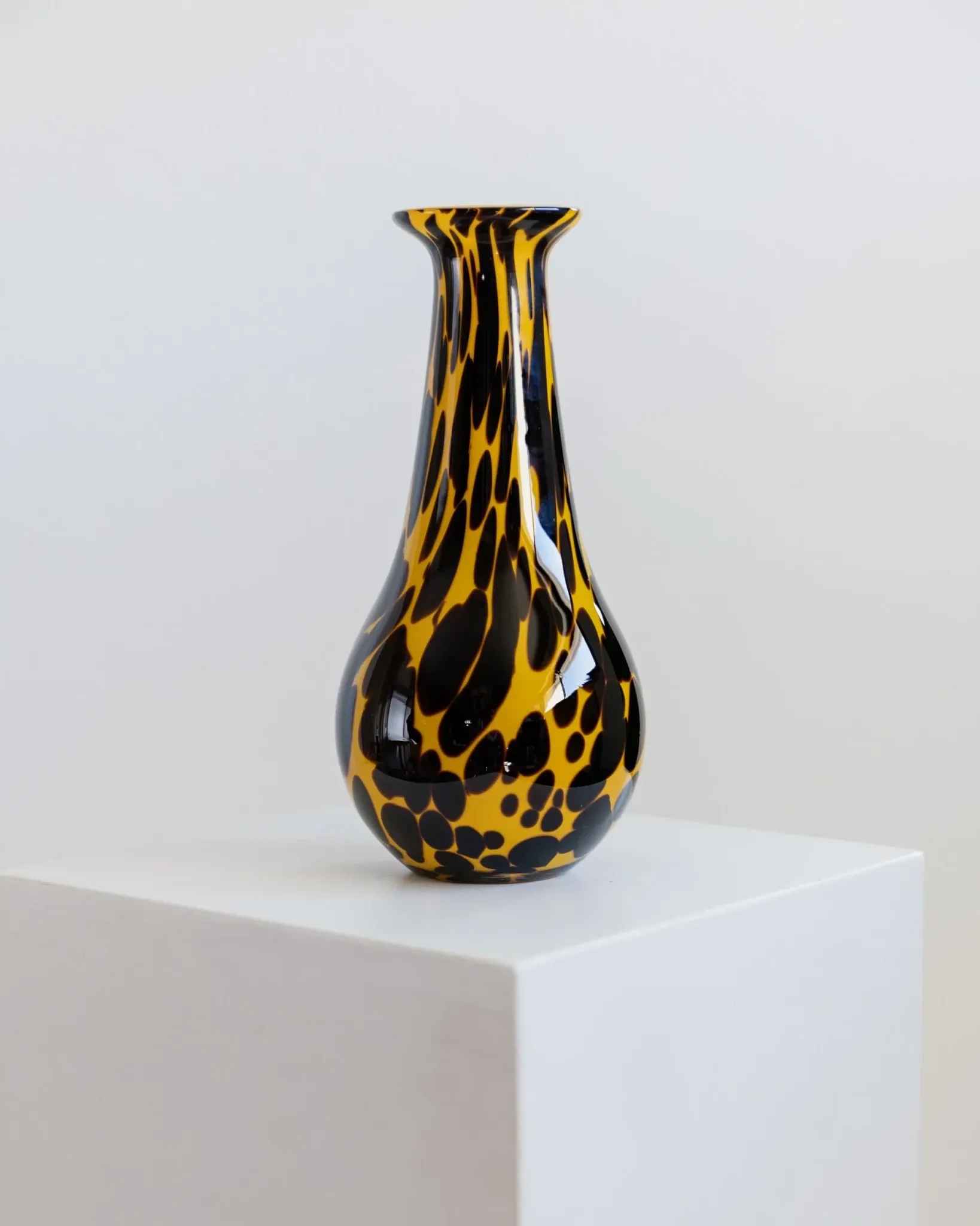 Vintage Murano glass vase from the 1990s, yellow art glass with black spots, postmodern Italian design.