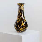 Vintage Murano glass vase from the 1990s, yellow art glass with black spots, postmodern Italian design.