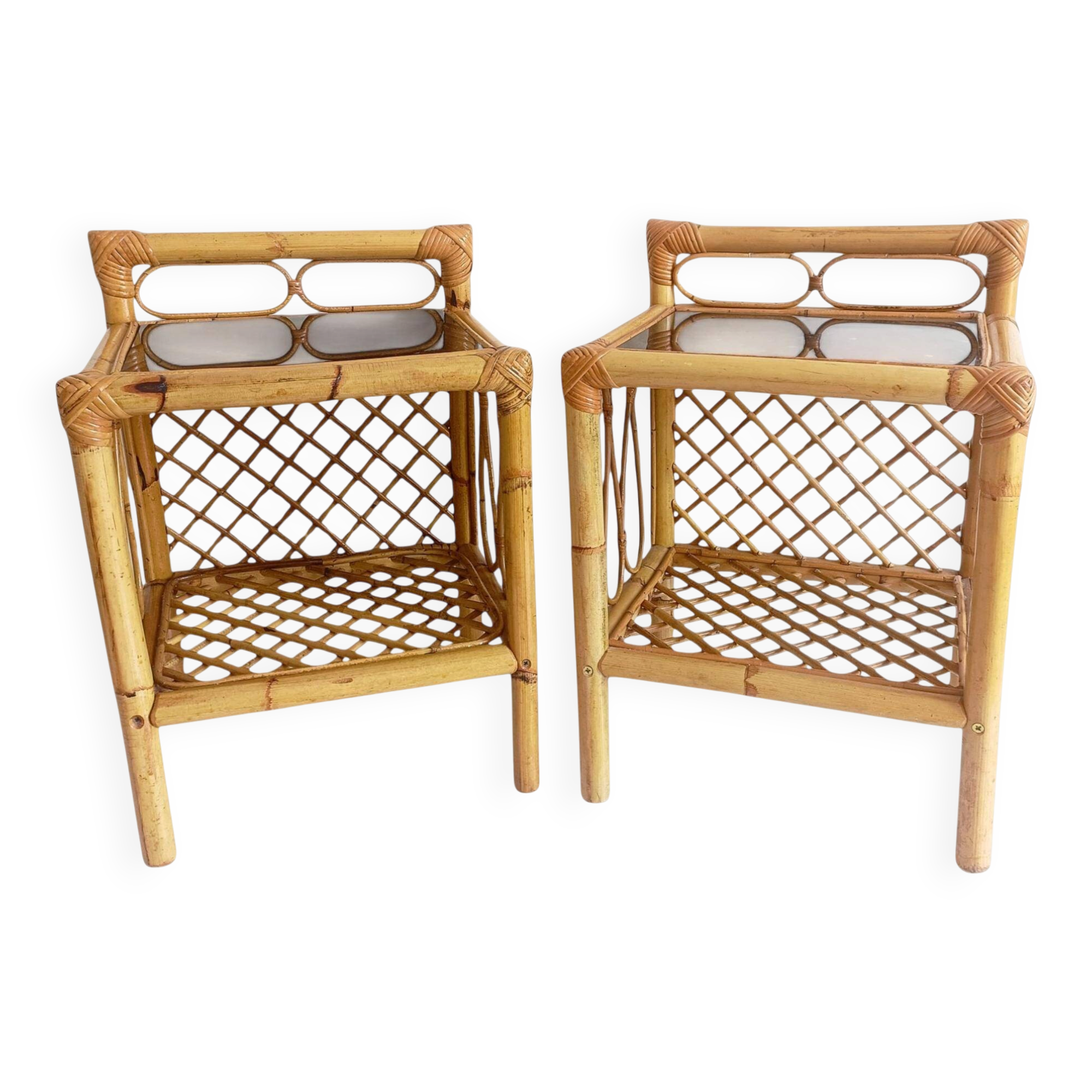 Mid-Century Bamboo and Rattan Nightstands, Spain, Hand-Crafted, 1970s