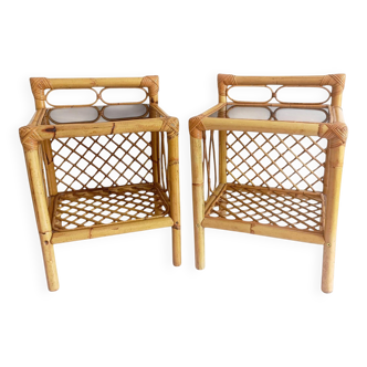 Mid-Century Bamboo and Rattan Nightstands, Spain, Hand-Crafted, 1970s