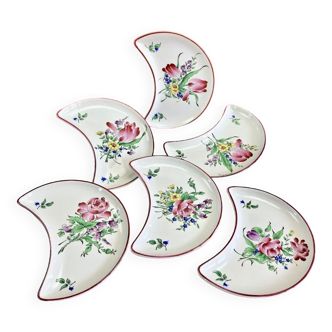 6 assiettes à salade demi lune Lunéville réverbère 6 décors différents