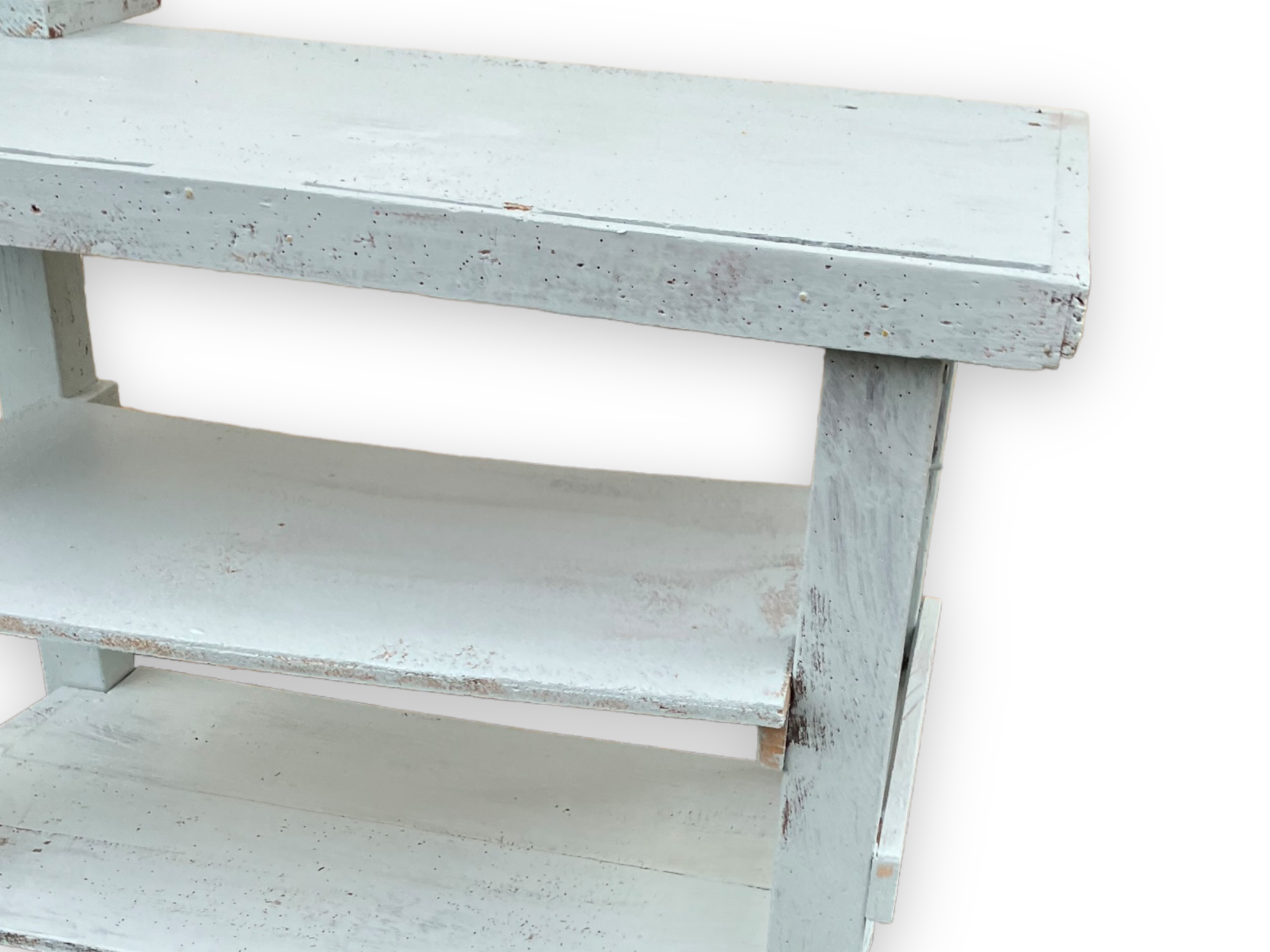 Light blue painted wooden workbench