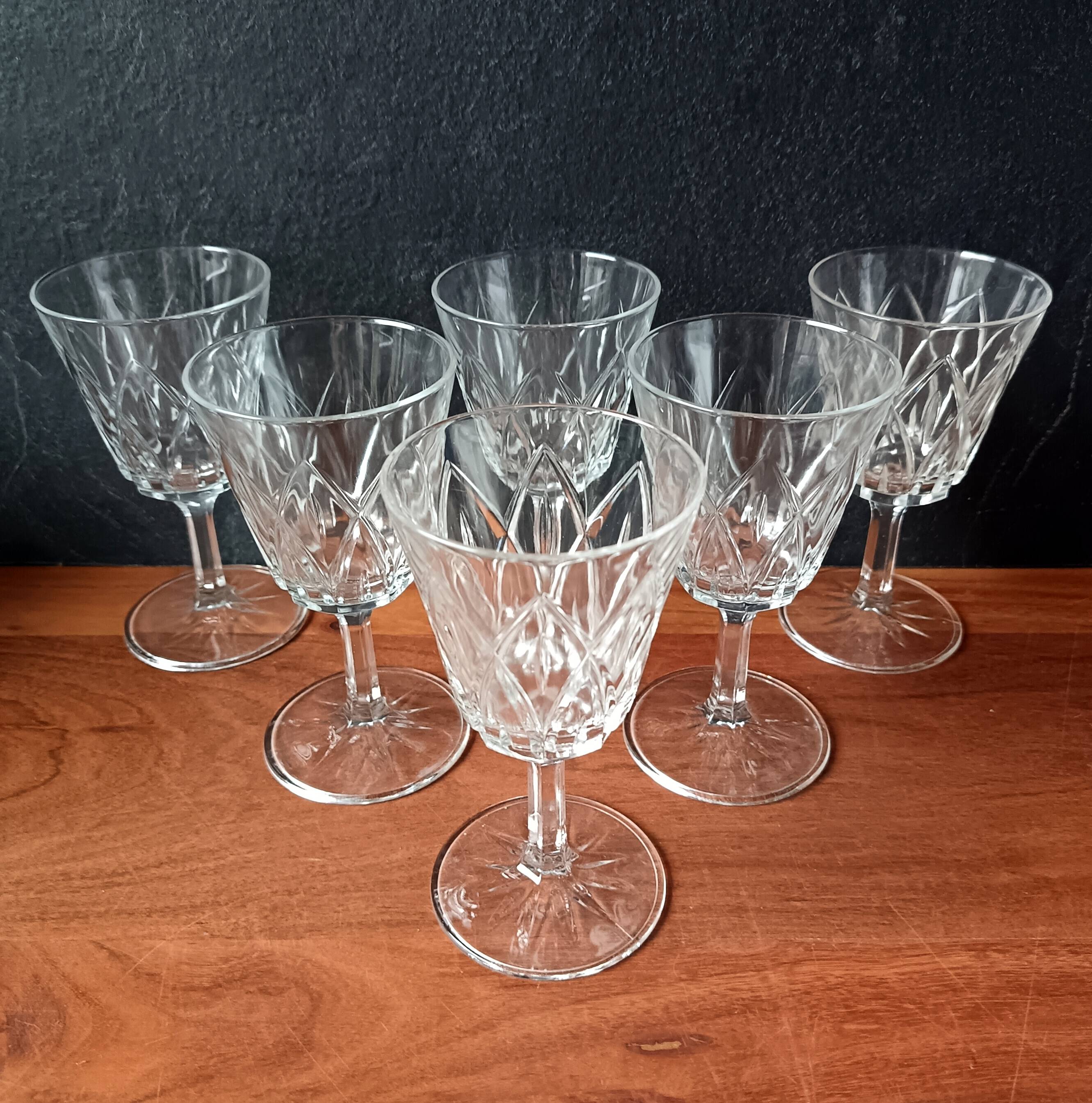 6 large champagne glasses vmc reims "champagne" pattern vintage france