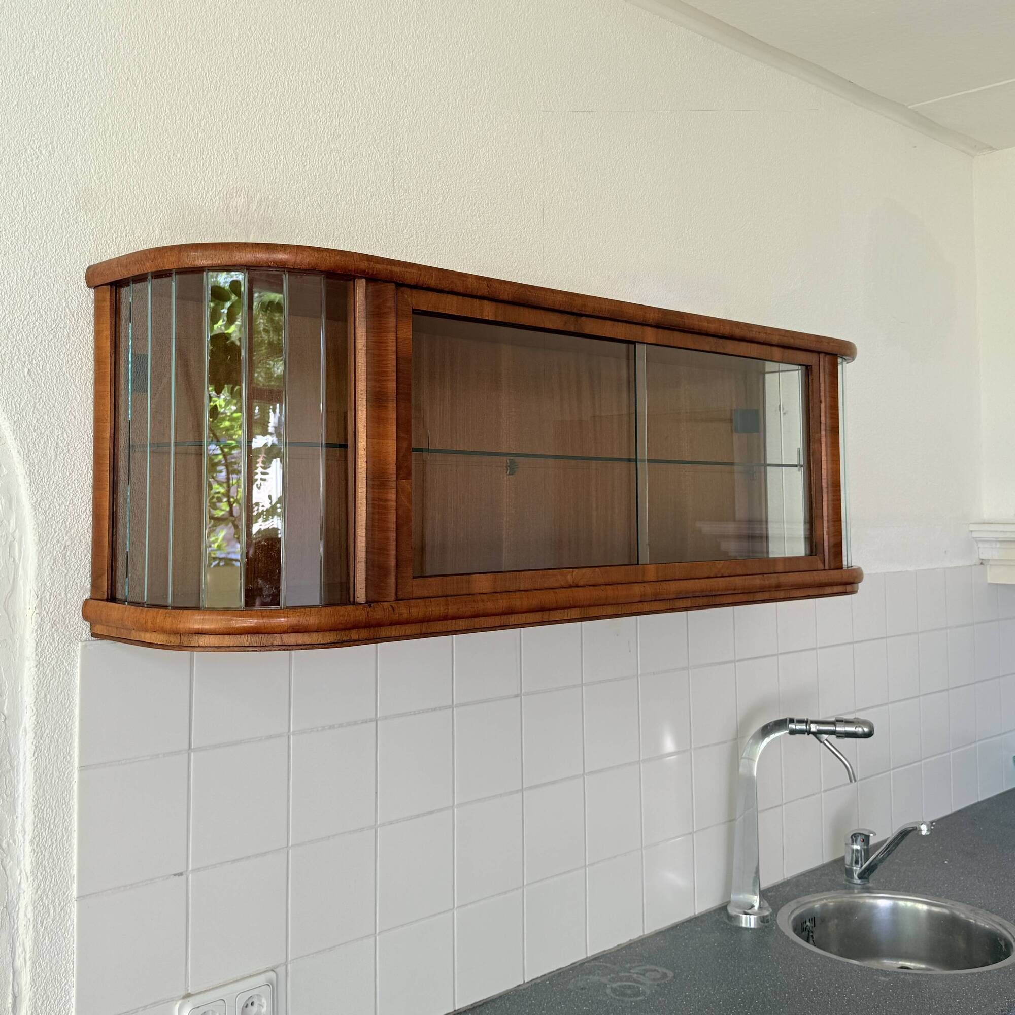 Polish Mid-Century Modern Wall Showcase Cabinet – Beveled Glass & Wood Vene