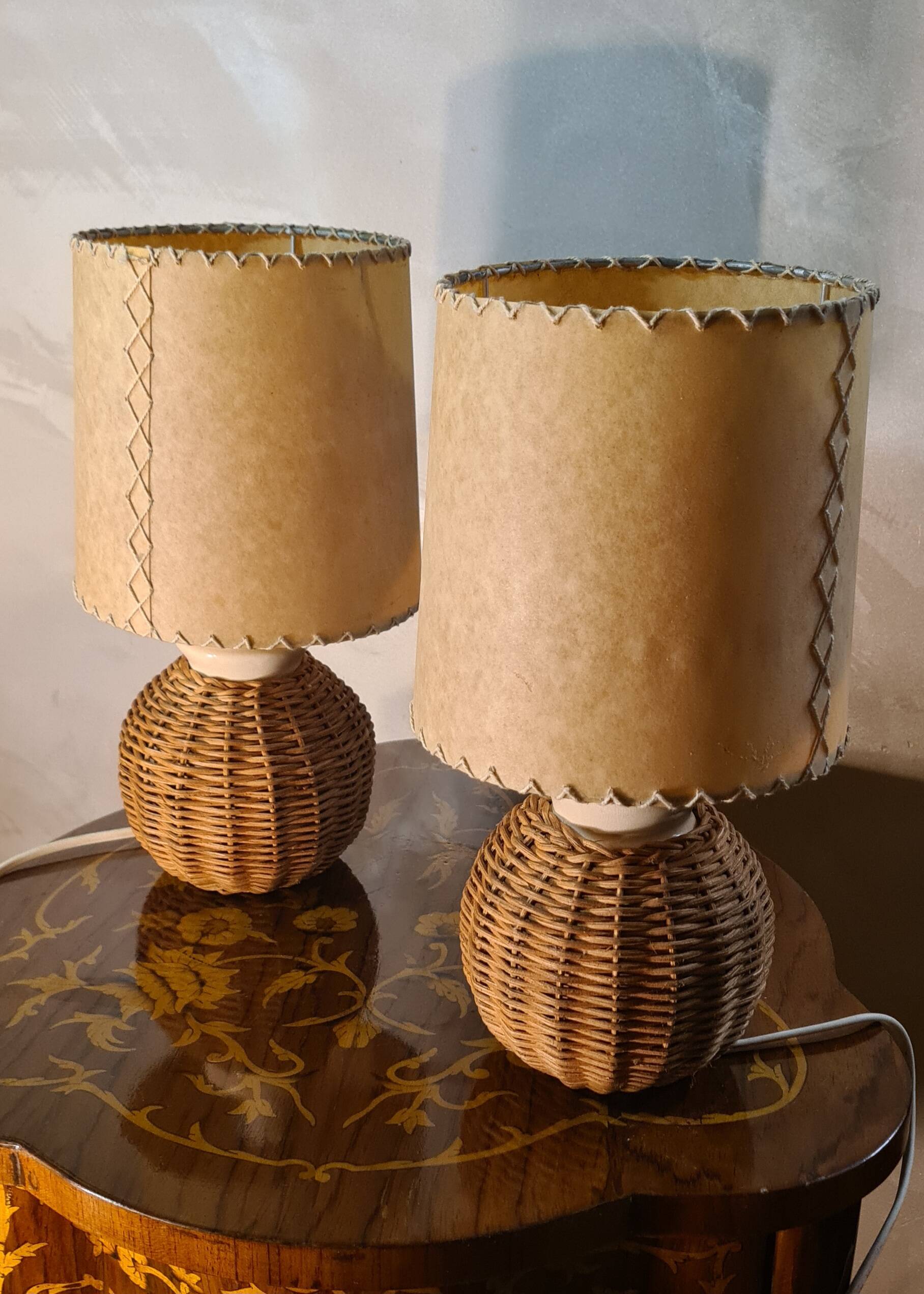 pair of bedside lamps ceramic and rattan lampshade 1960, elec ok 30x16