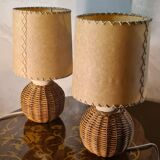 pair of bedside lamps ceramic and rattan lampshade 1960, elec ok 30x16