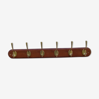 Wall coat rack with six brass hooks