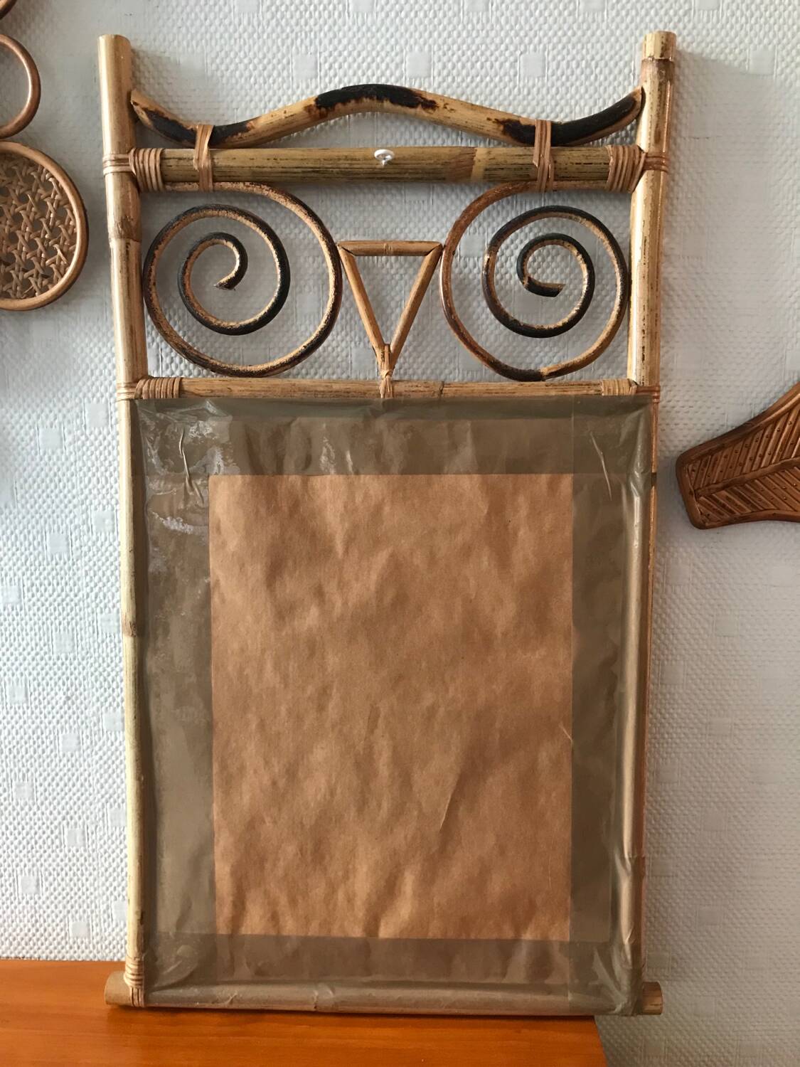 old rattan bamboo mirror owl shape vintage owl