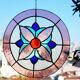 Vitrail circulaire décoratif à motif floral – Verre coloré fait main, Ø 40