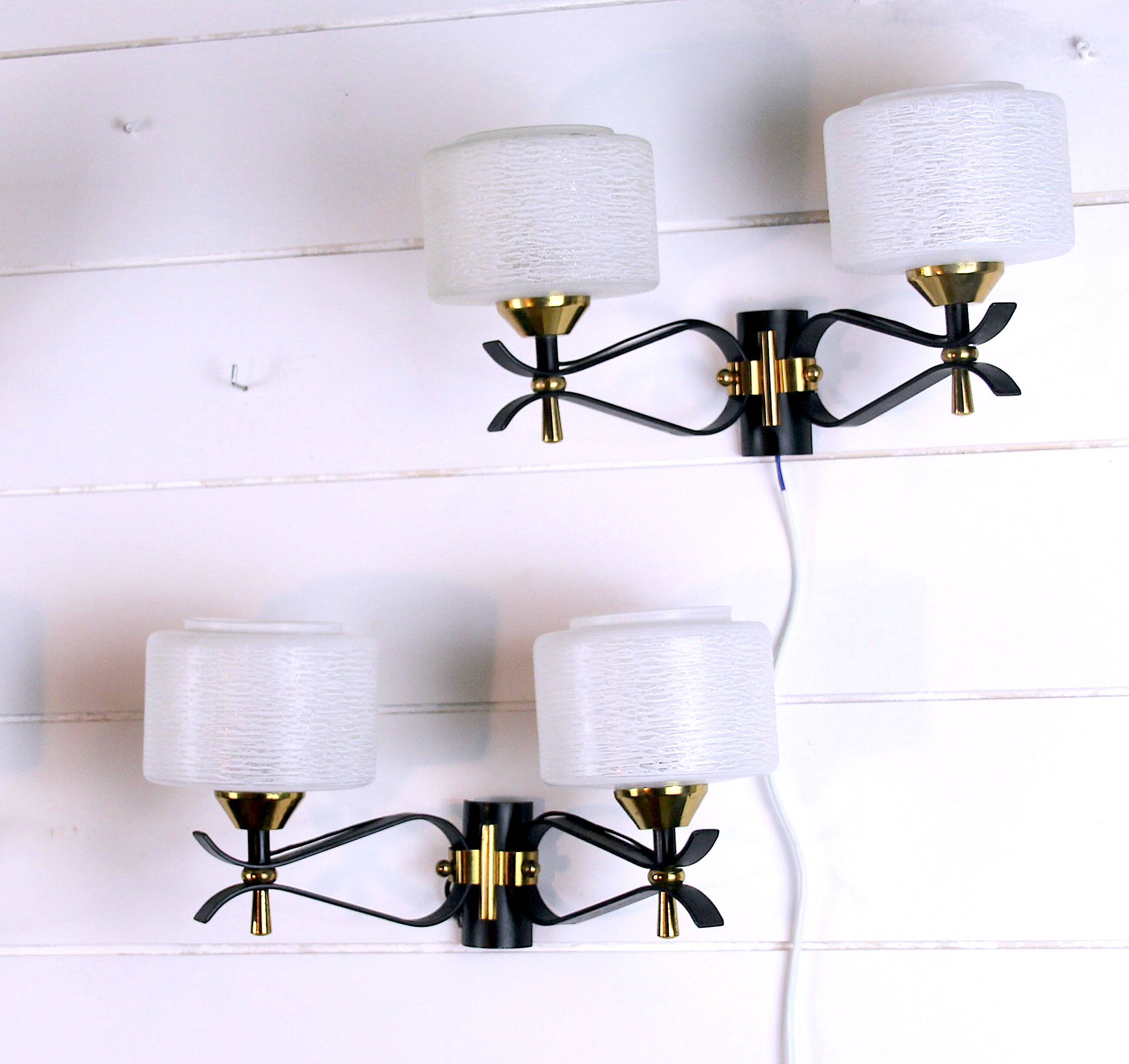 Pair of double wall sconces, Maison Arlus, Mid-Century, black brass opaline