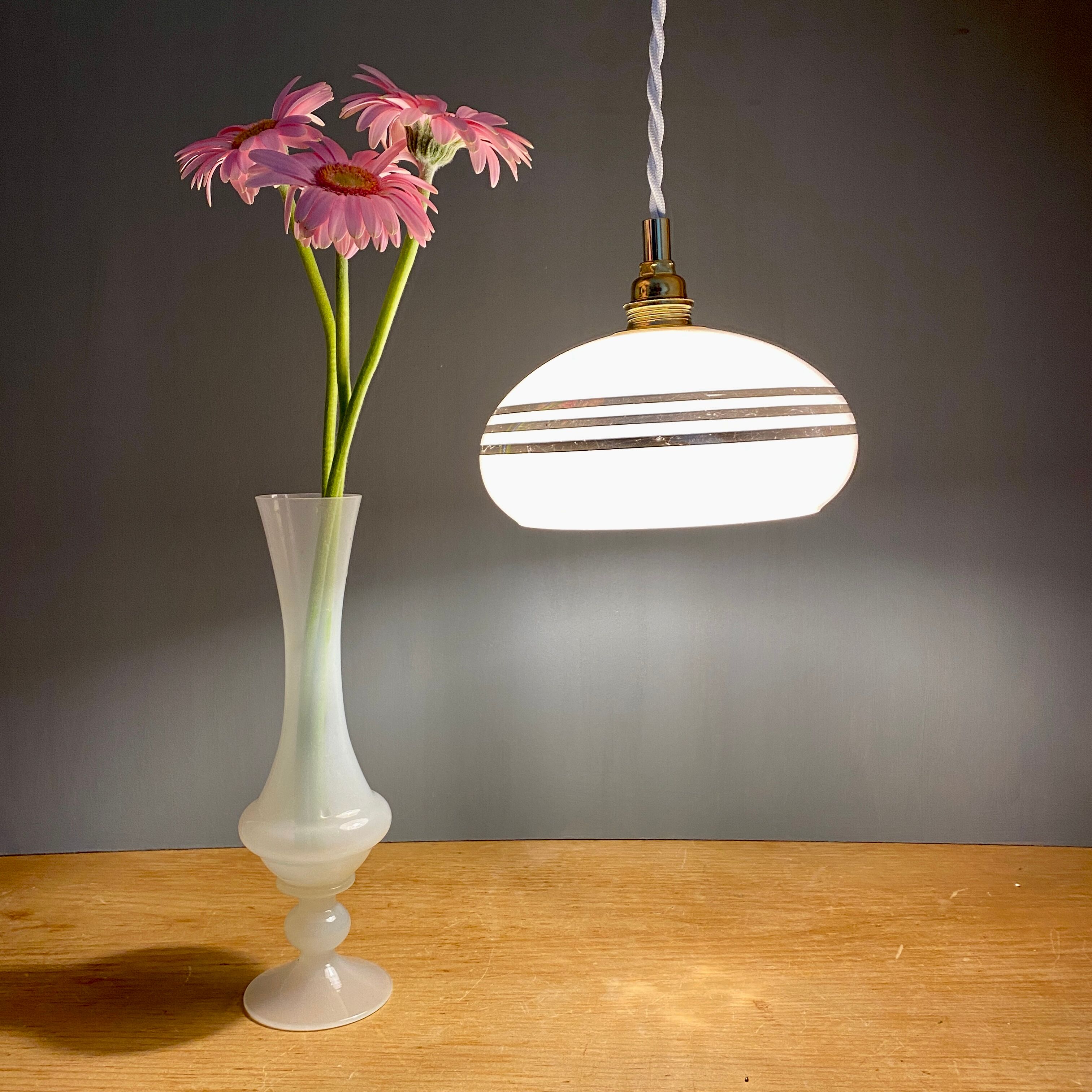 Vintage lamp in pale pink opaline and silver edging