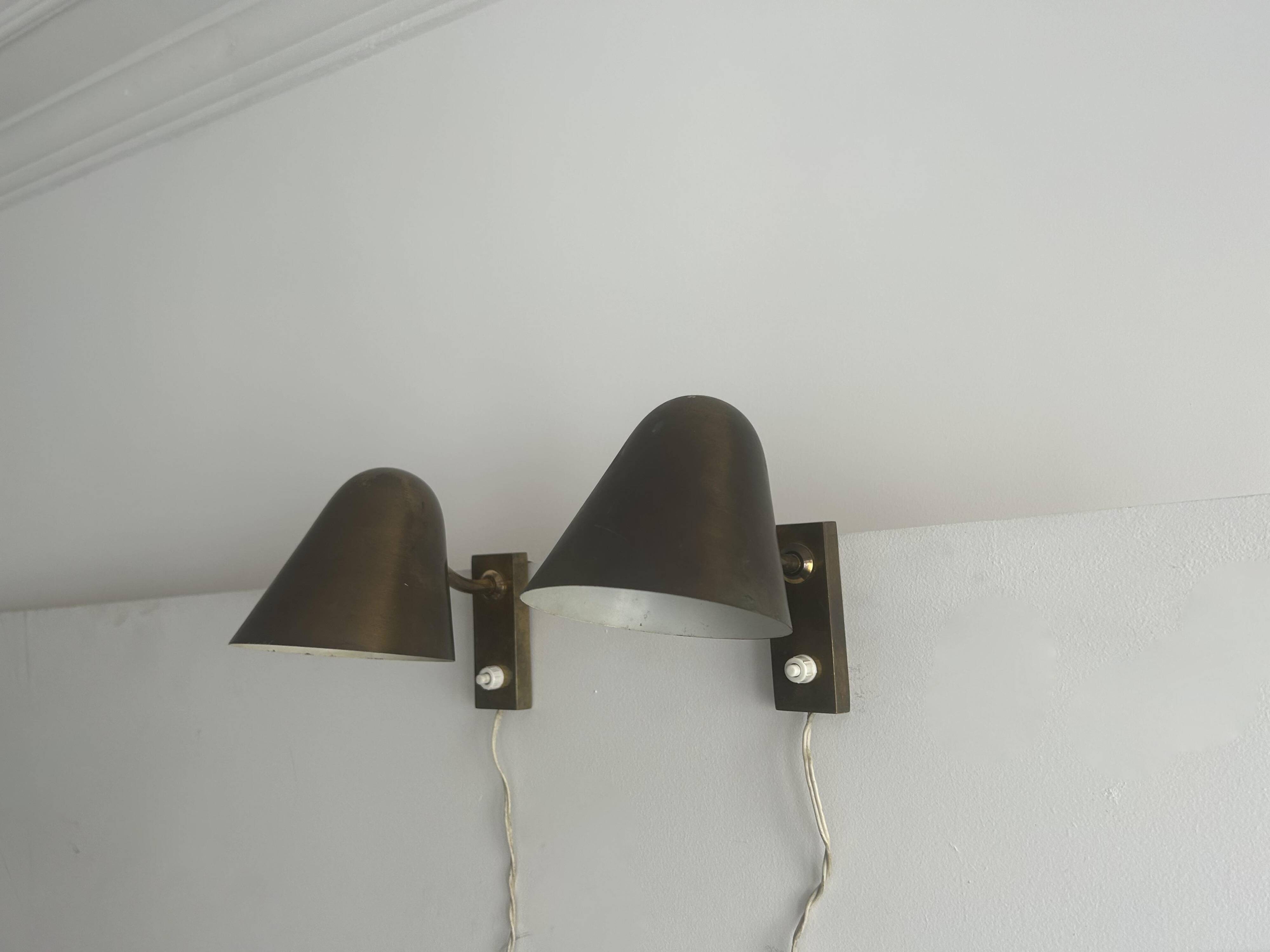 Pair of vintage adjustable wall lights, solid brass, France 1940