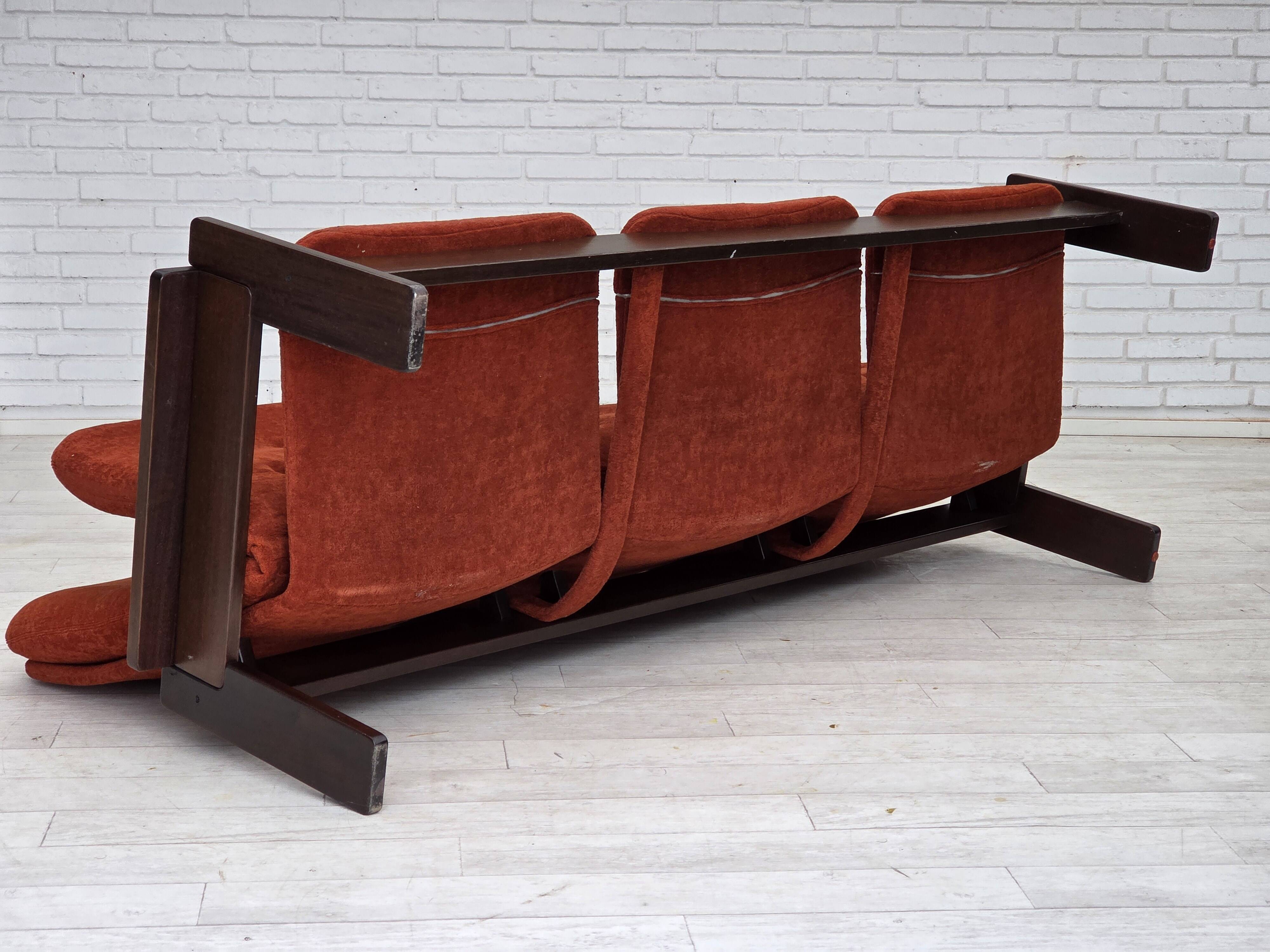 1970s, 3-seater Danish sofa, orange/red furniture velour, oak wood.
