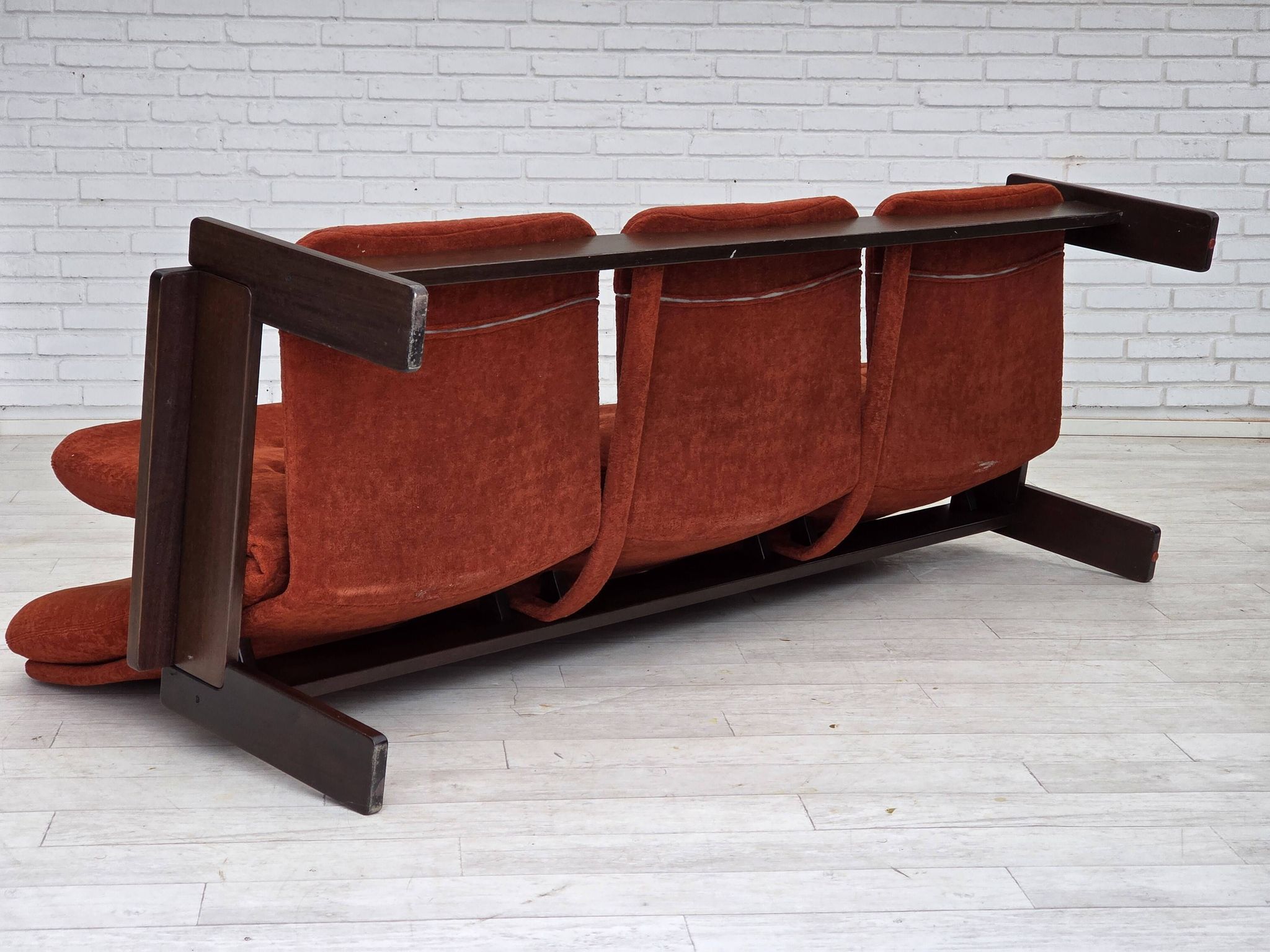 1970s, 3-seater Danish sofa, orange/red furniture velour, oak wood.