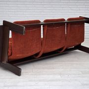 1970s, 3-seater Danish sofa, orange/red furniture velour, oak wood.