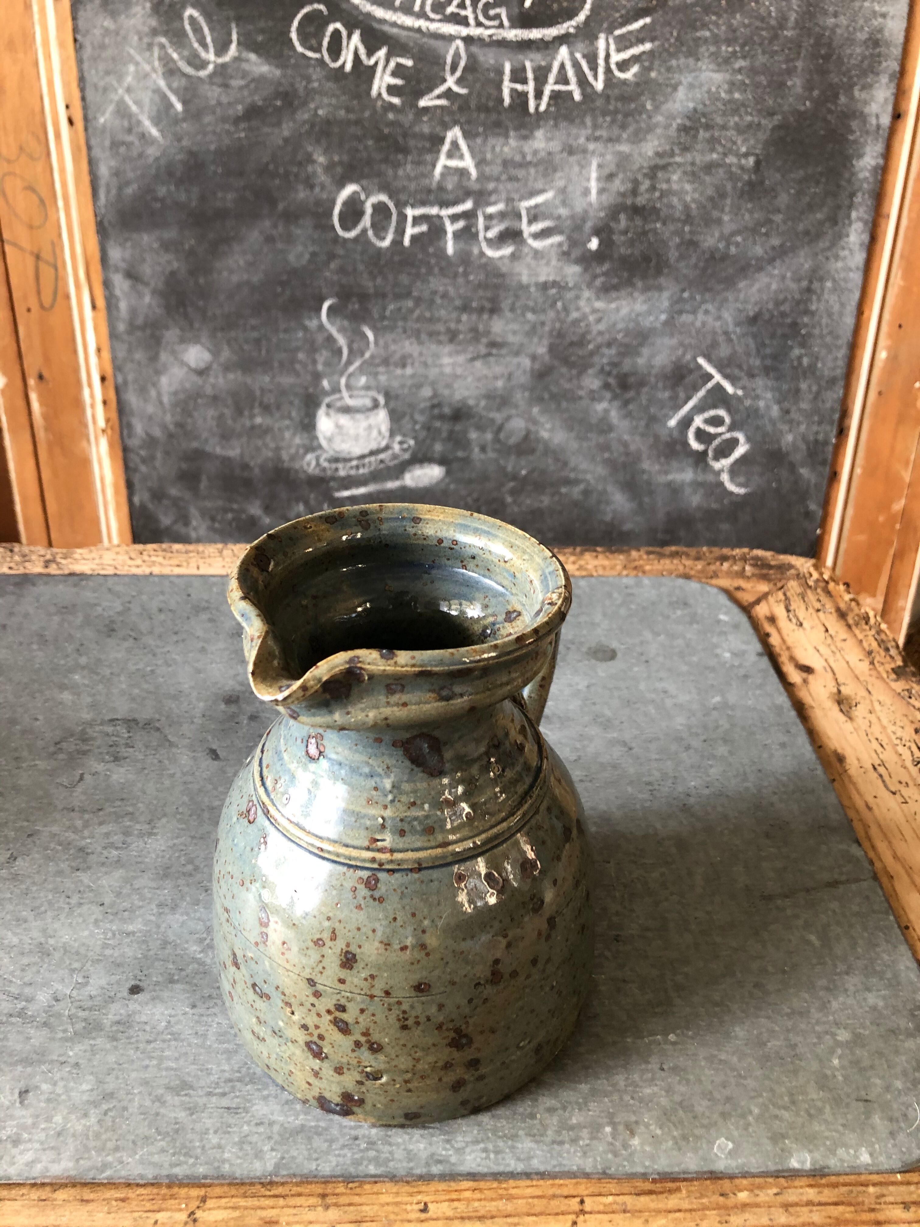 Handmade 70s-original blue enamelled sandstone pitcher