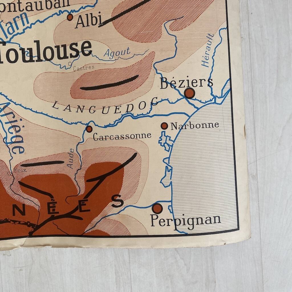 Vintage school map 1950 double-sided "The Garonne / the Rhône"