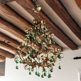 Lustre italien en tôle doré et pampilles en verre