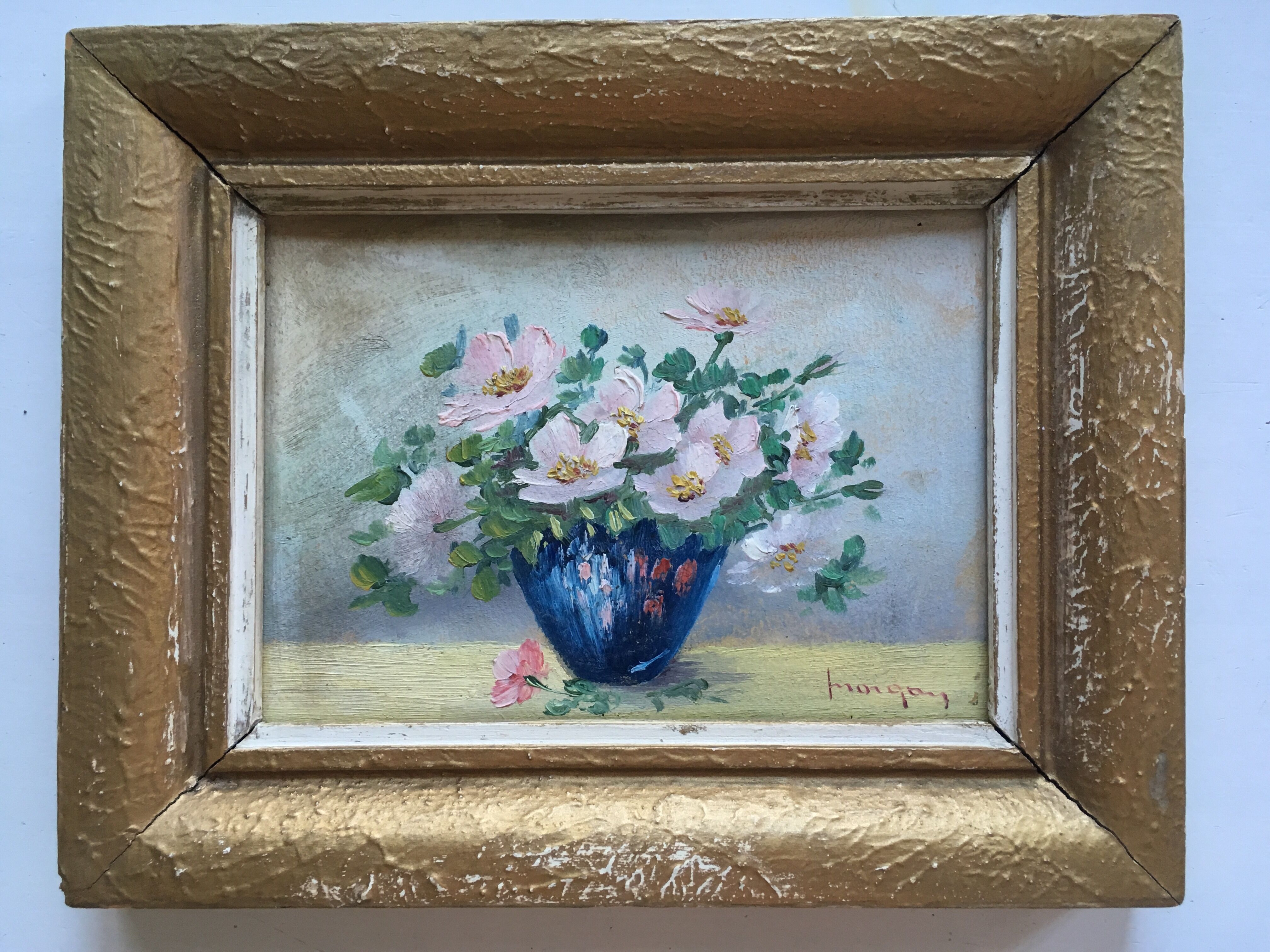 Set of 2 paintings bouquets of flowers with golden frame (signed Morgan)