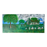 Tableau huile sur toile paysage église pointillisme ancien