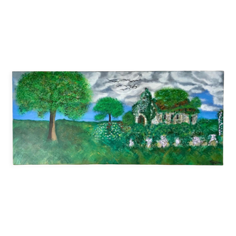 Tableau huile sur toile paysage église pointillisme ancien