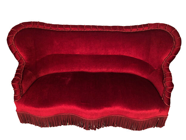 Napoleon III confidant sofa, red velvet trim redone