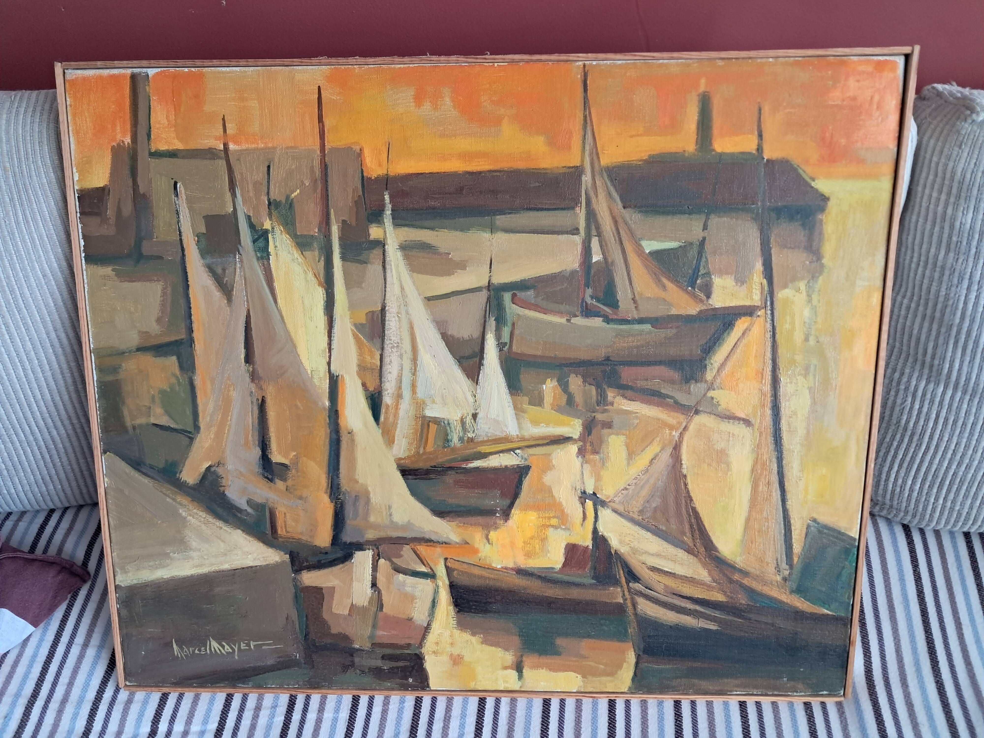 An old oil painting depicting a port, signed by the painter Marcel MAYER.