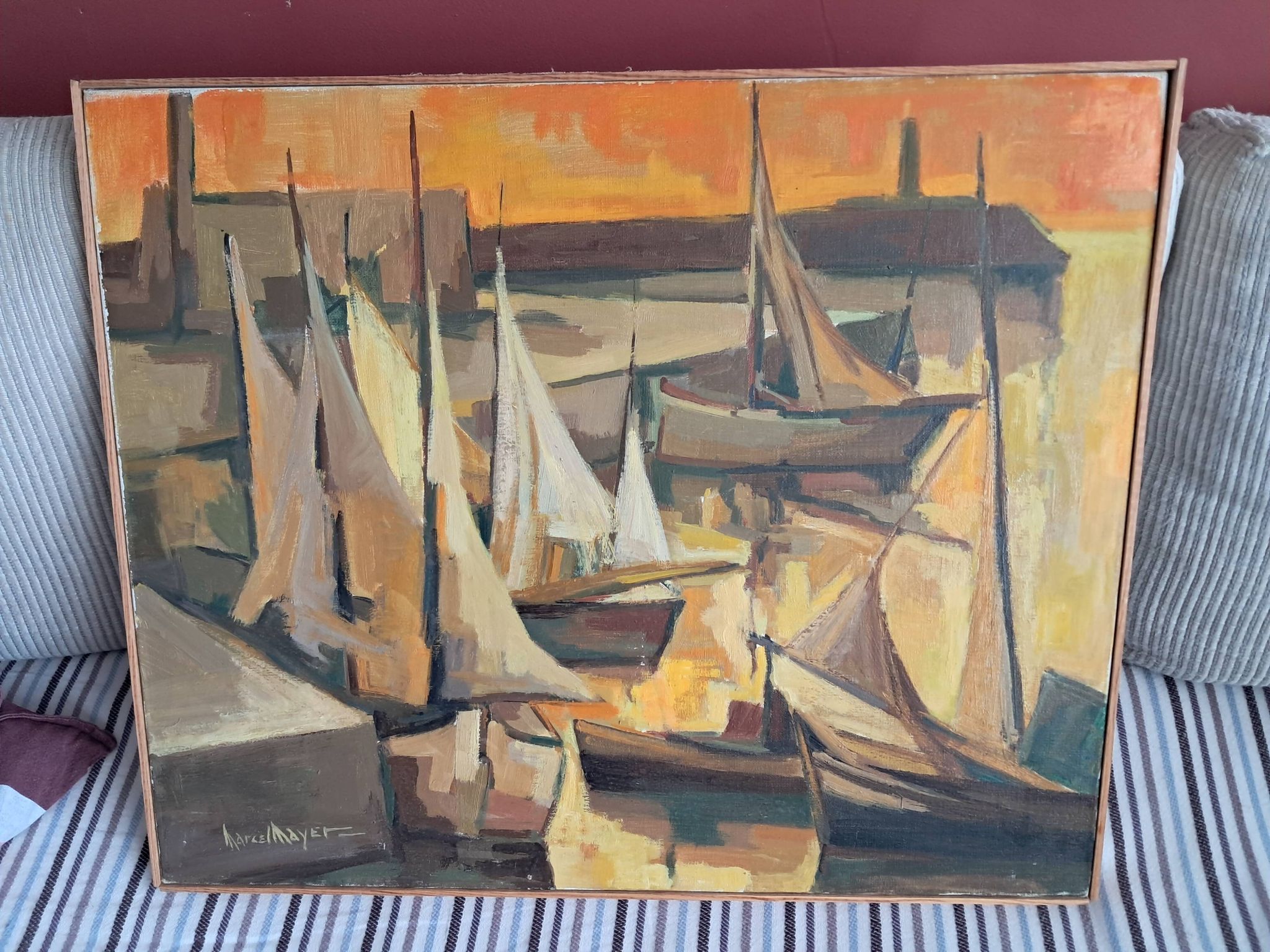 An old oil painting depicting a port, signed by the painter Marcel MAYER.