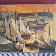 An old oil painting depicting a port, signed by the painter Marcel MAYER.