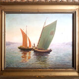 oil on canvas of boats, French school of the twentieth century with frame