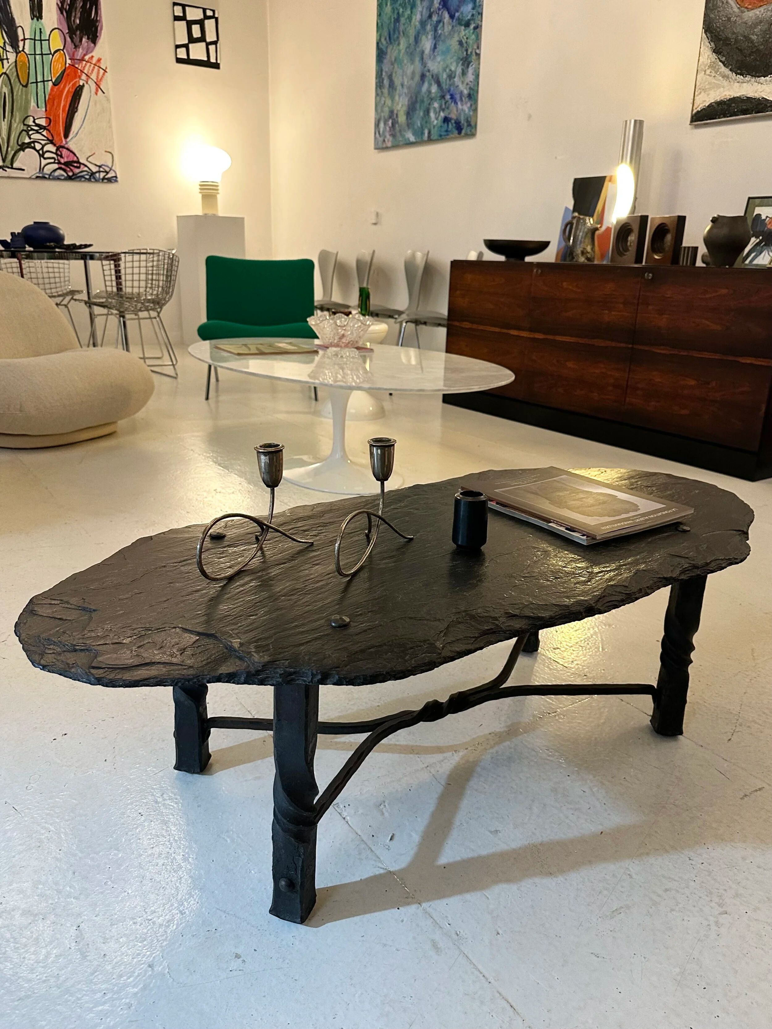 French wrought iron and slate coffee table