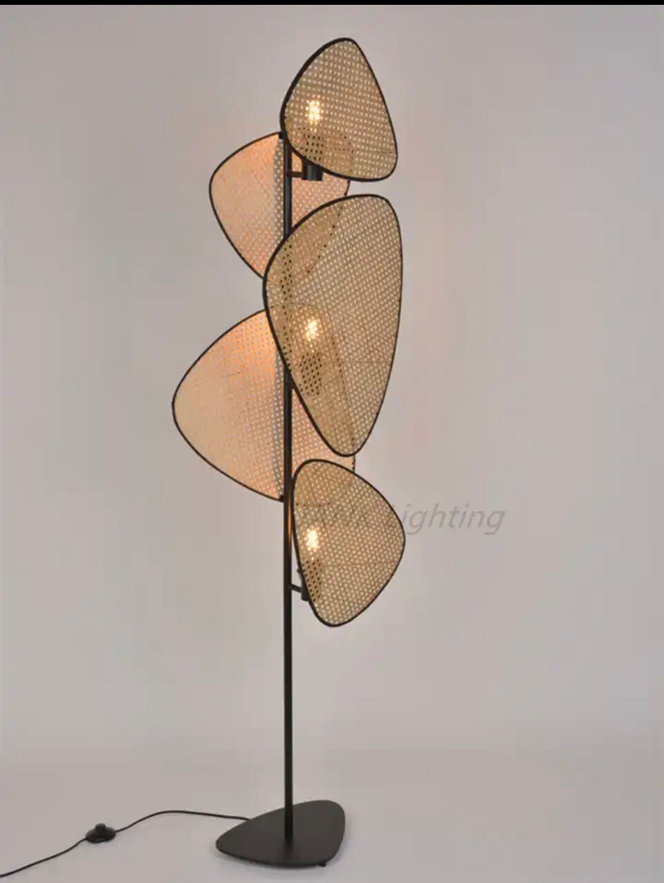 3-light floor lamp in natural cane and black metal 179x50 cm