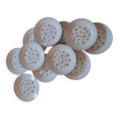 11 assiettes plates décor roses stylisées. Années 5011 assiettes plate