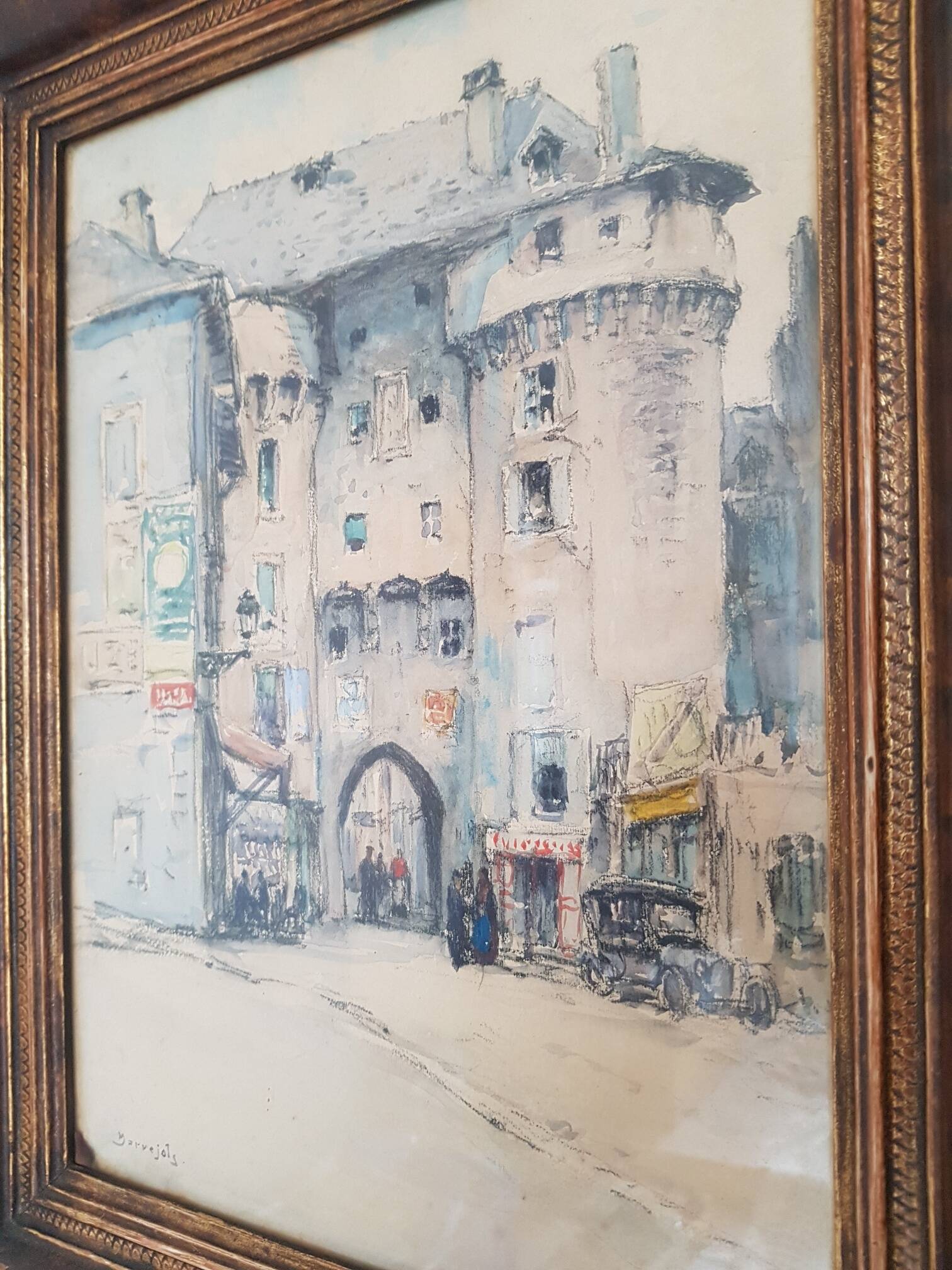 Old watercolor painting "Fortified entrance to Marvejols"