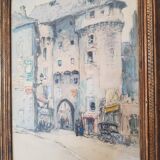 Tableau ancien aquarelle "Entrée fortifiée de Marvejols"