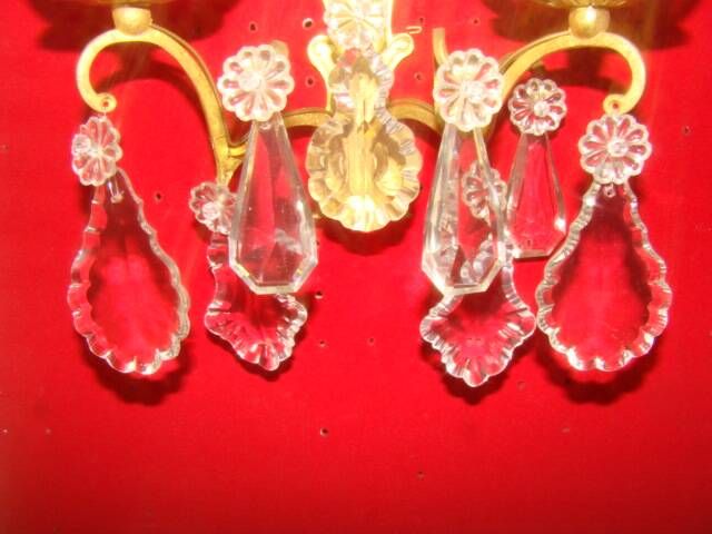 Pair of bronze and crystal wall lights with 2 arms of light