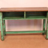 Antique Burmese teak school desk/chair set with original green patina
