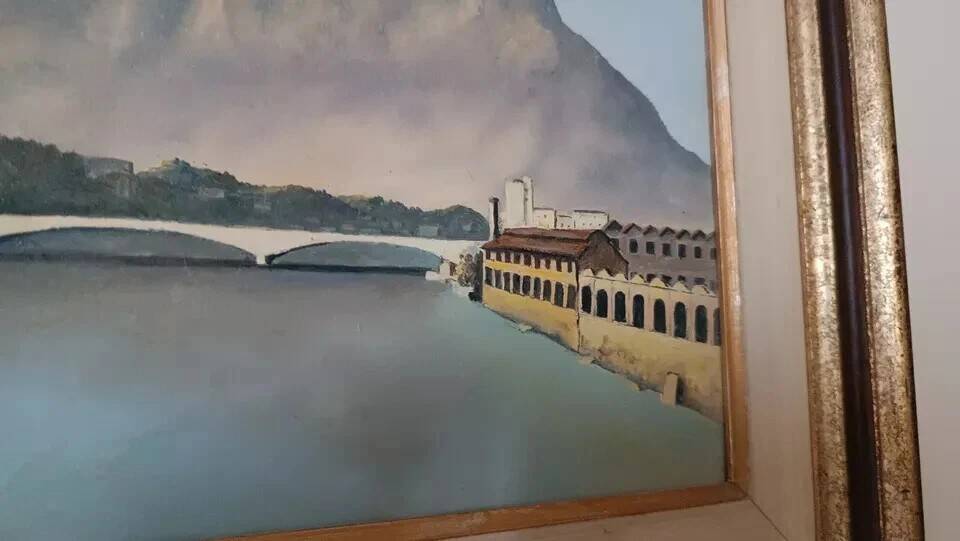 Oil painting on canvas board, 1950s, signed NAVA, lake, river.