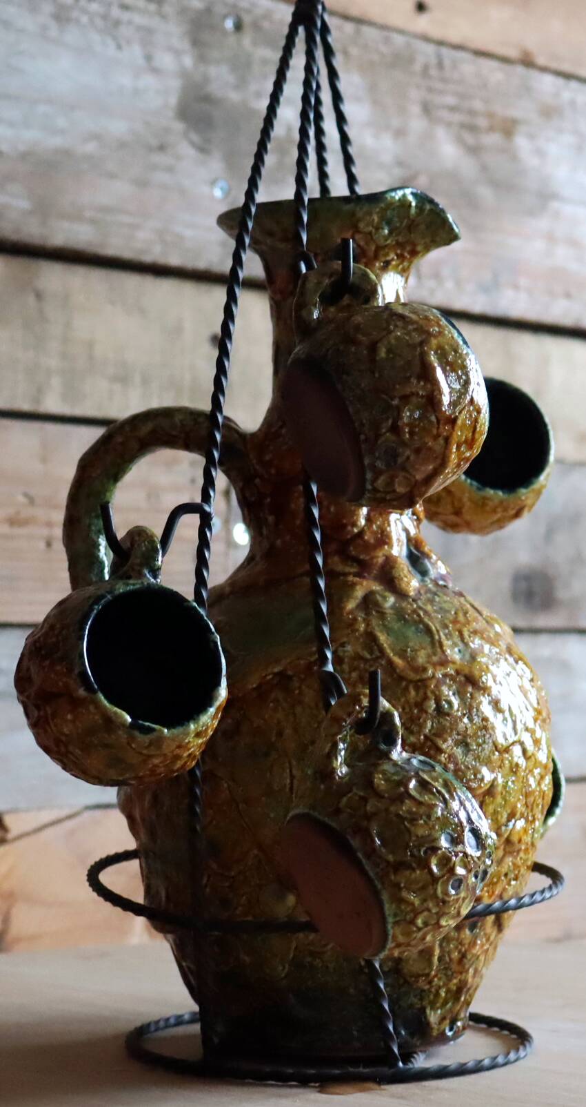 Vintage ceramic liqueur service "Fat Lava" and wrought iron