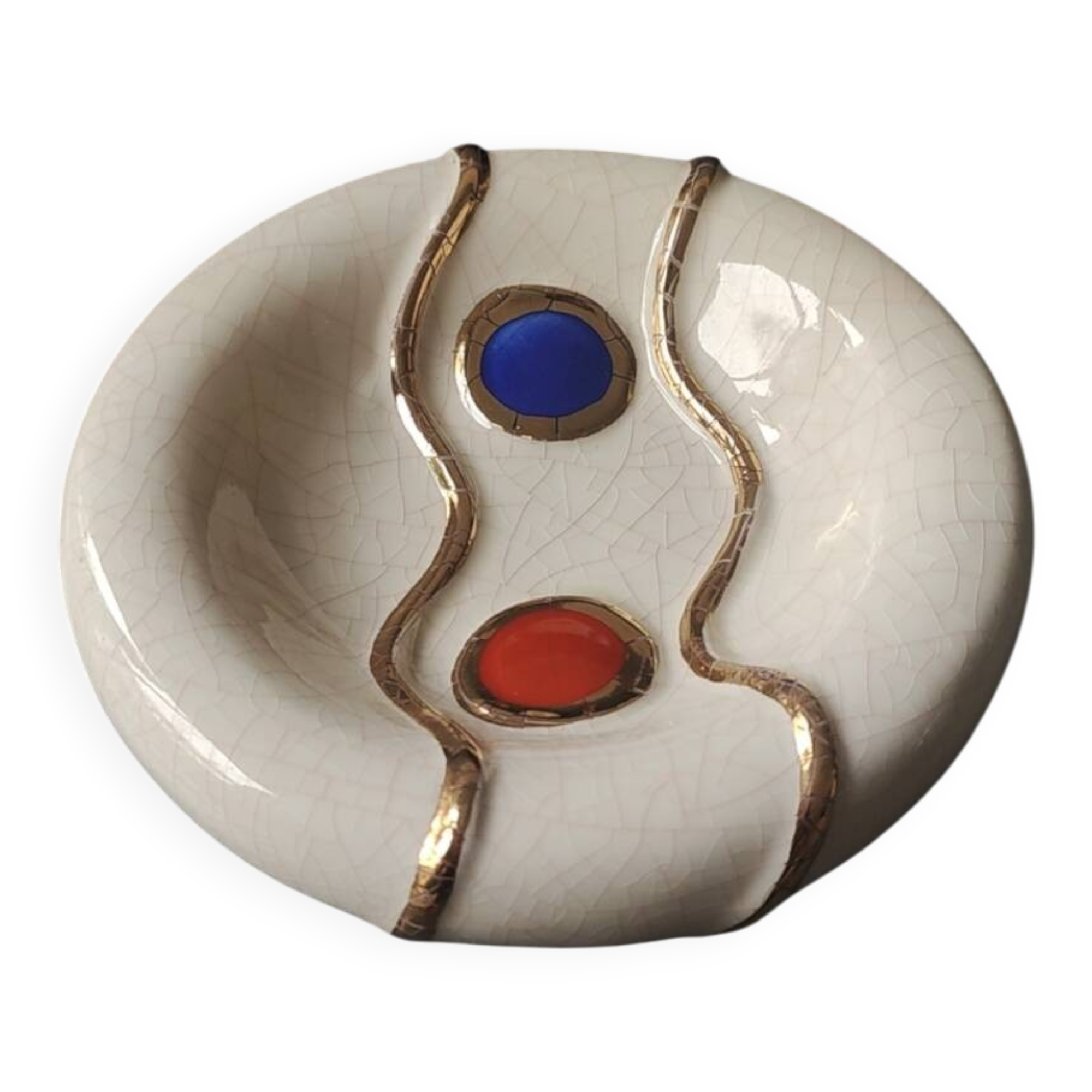 Round beige ashtray in crackled earthenware from Longwy/signed