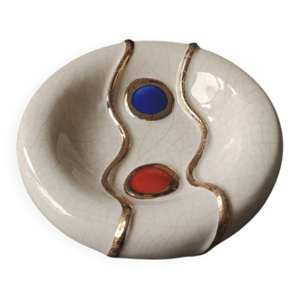 Cendrier beige rond en faience craquelée de Longwy/signé