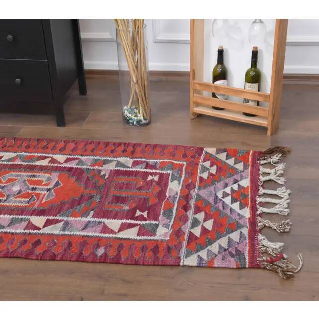 1970s Vintage Turkish Hand-Knotted Wool Cotton Red Runner Rug 89x282
