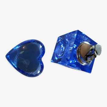 Ensemble Briquet cube et cœur verre bleu vintage