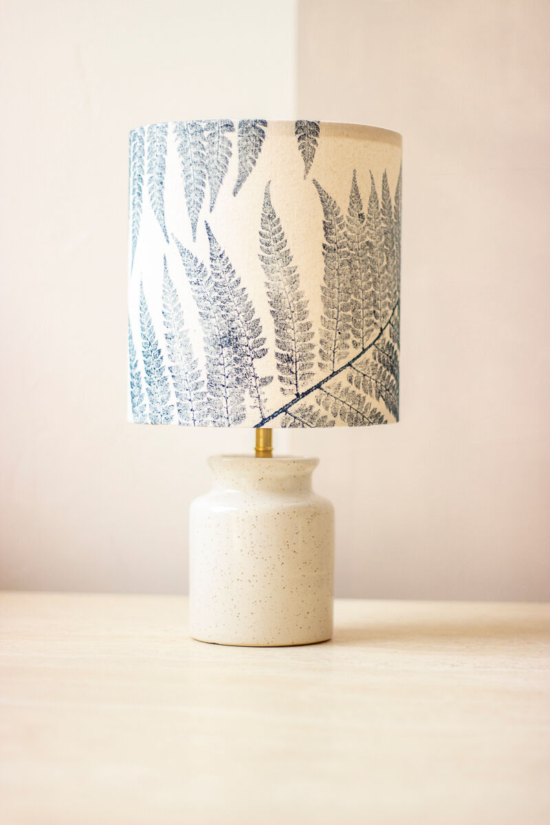 Speckled white enamelled mustard pot lamp - fern pattern