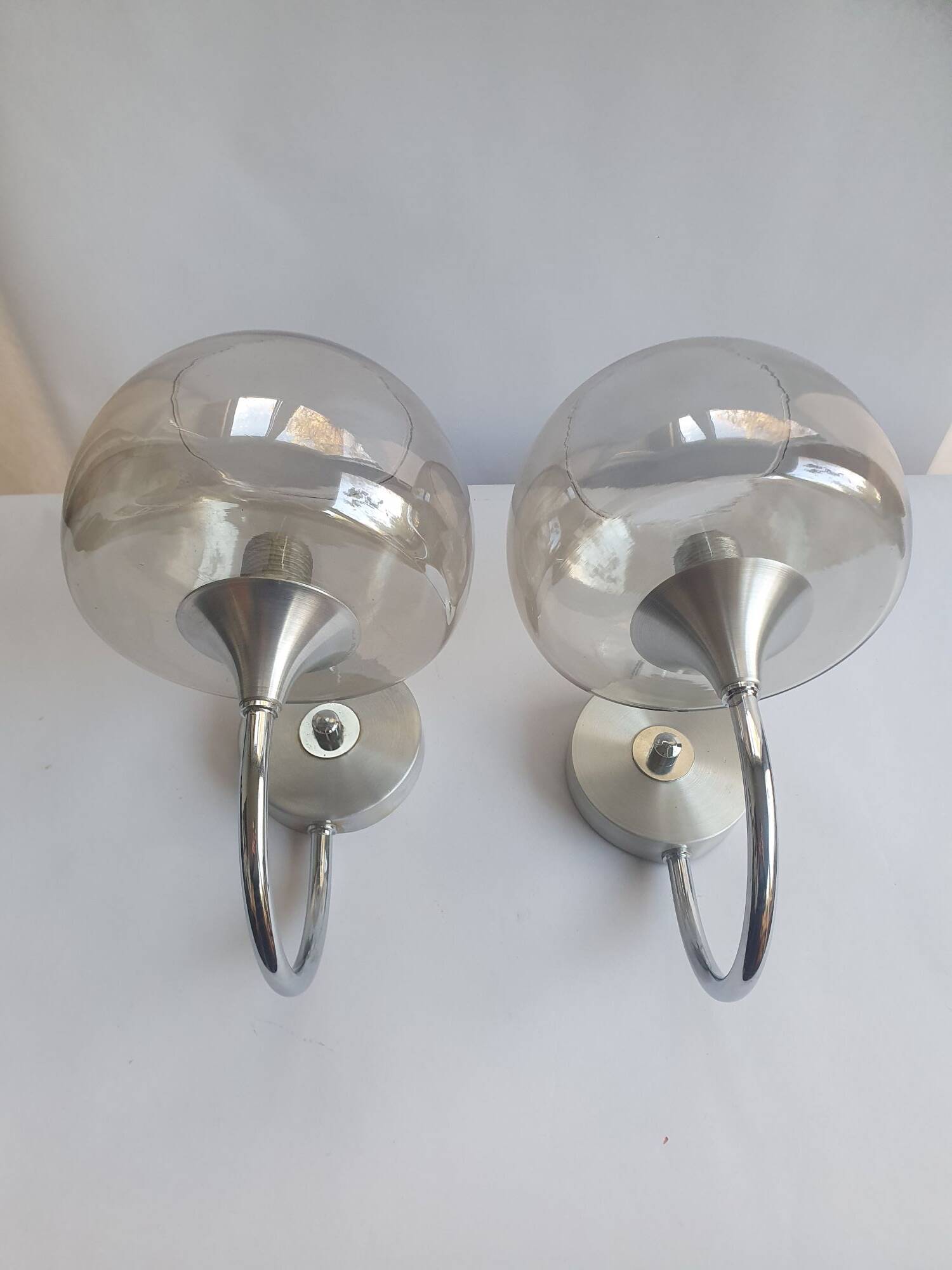 Pair of 1980s chrome metal and smoked glass wall lights