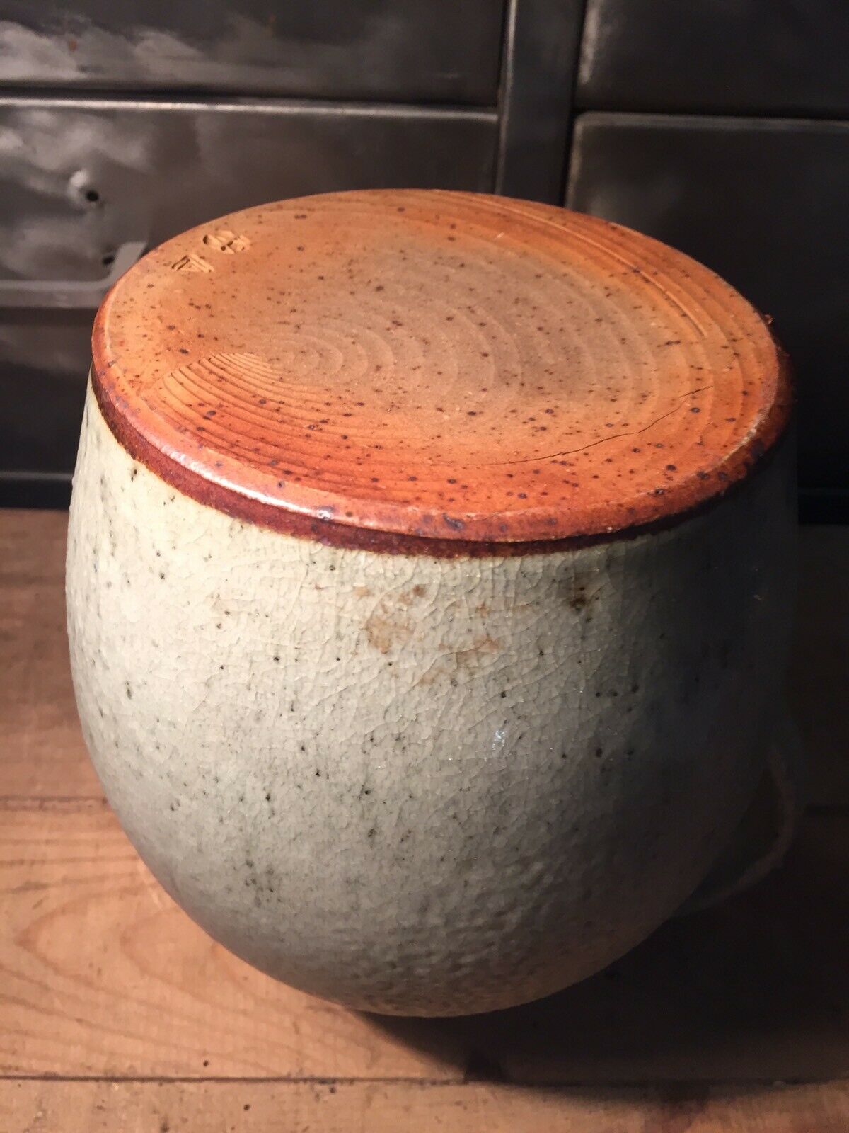 Pitcher in speckled gray enamelled sandstone signed