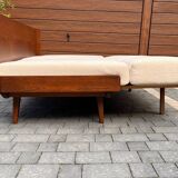 Jitona sobeslav sofa bed in walnut & boucle fabric, vintage czech 1960s