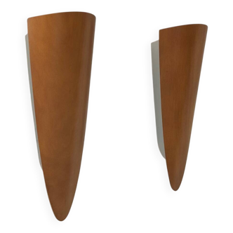 Pair of vintage thermoformed wood wall lights, France 1970